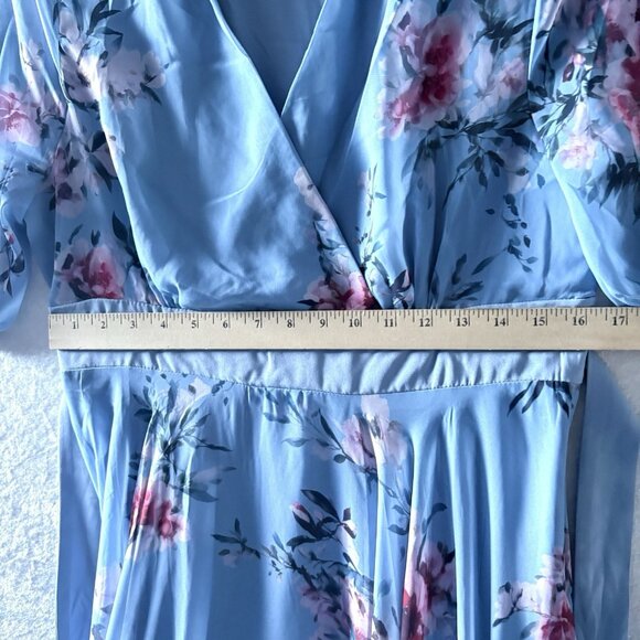 NWOT Womens Blue Floral Gown Dress Empire Waist Chiffon Size XL Crossover Front - Picture 10 of 12